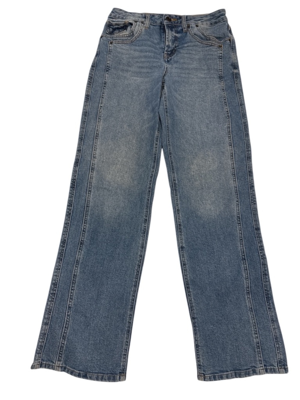 Project Indigo High-Rise Wide-Leg Jeans - Blue. Size 9. Cool Stitching Detail